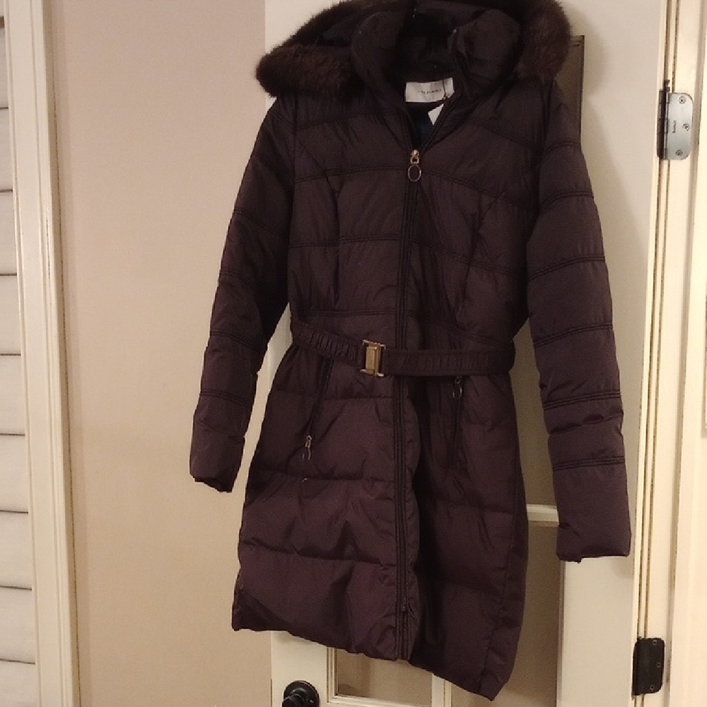 Women's Purple Puffer Coat with Fur Trim